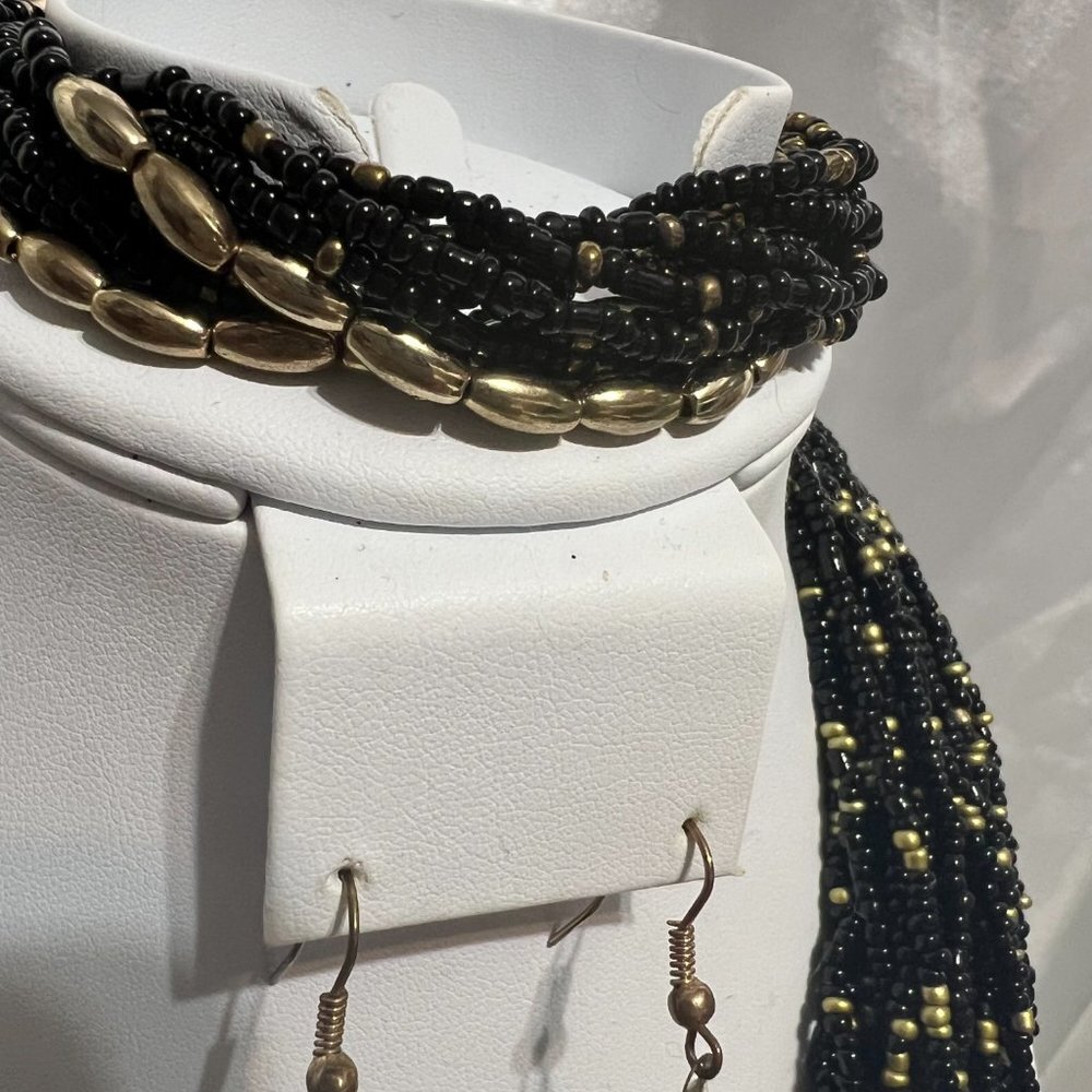 Vintage NENA Multi-strand Black & Gold Seed Bead Necklace, Bracelet & Earrings - Picture 2 of 8